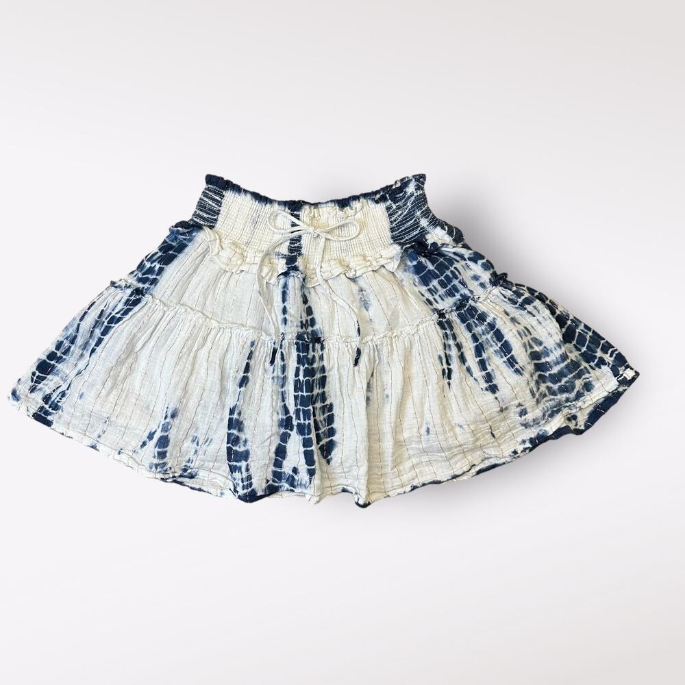 Surf Gypsy Blue White Metallic Tie Dye Tiered Ruffled Mini Skirt Size M